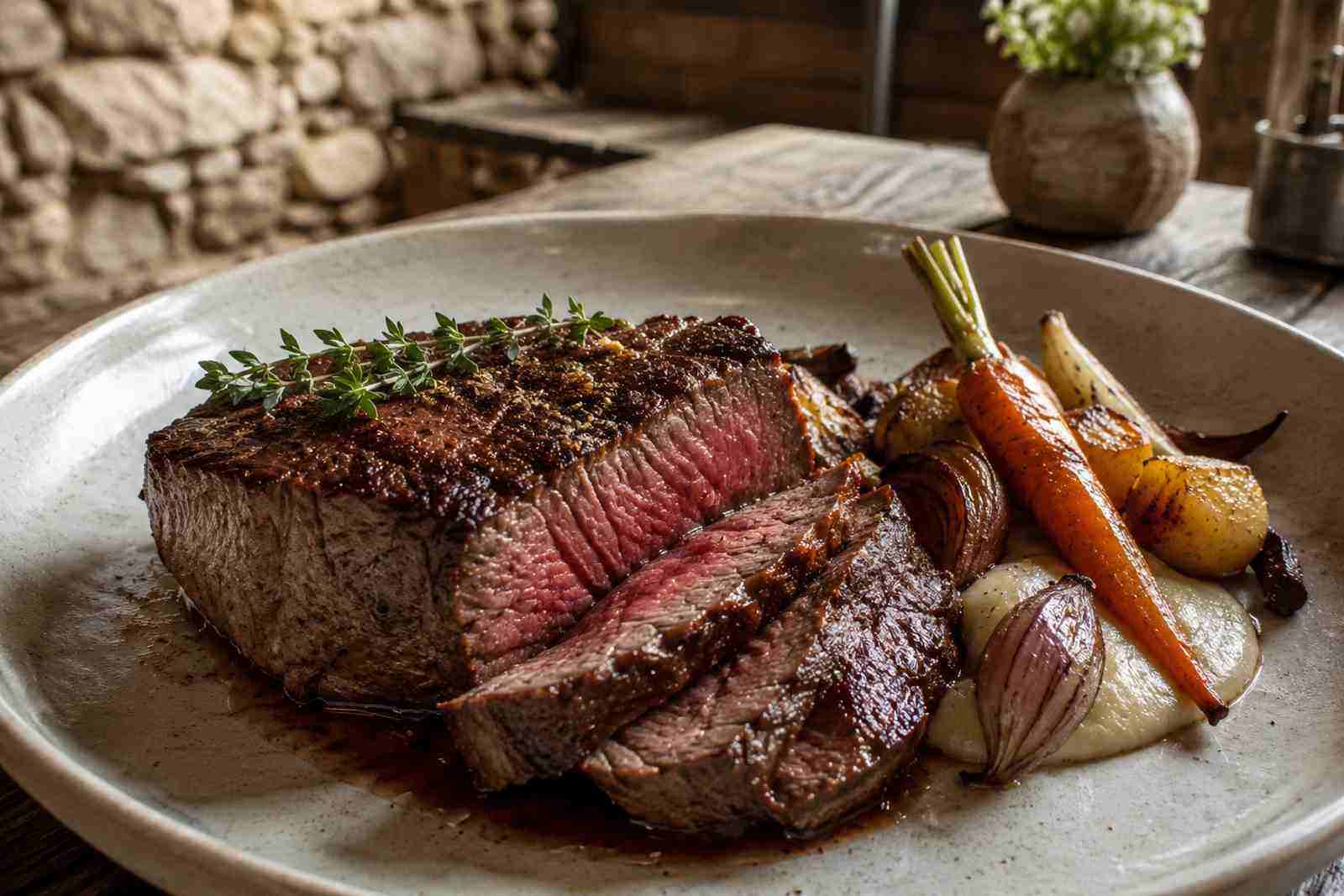 Pièce de bœuf Fin Gras du Mézenc et légumes du terroir servis au restaurant du domaine Les Ranchisses