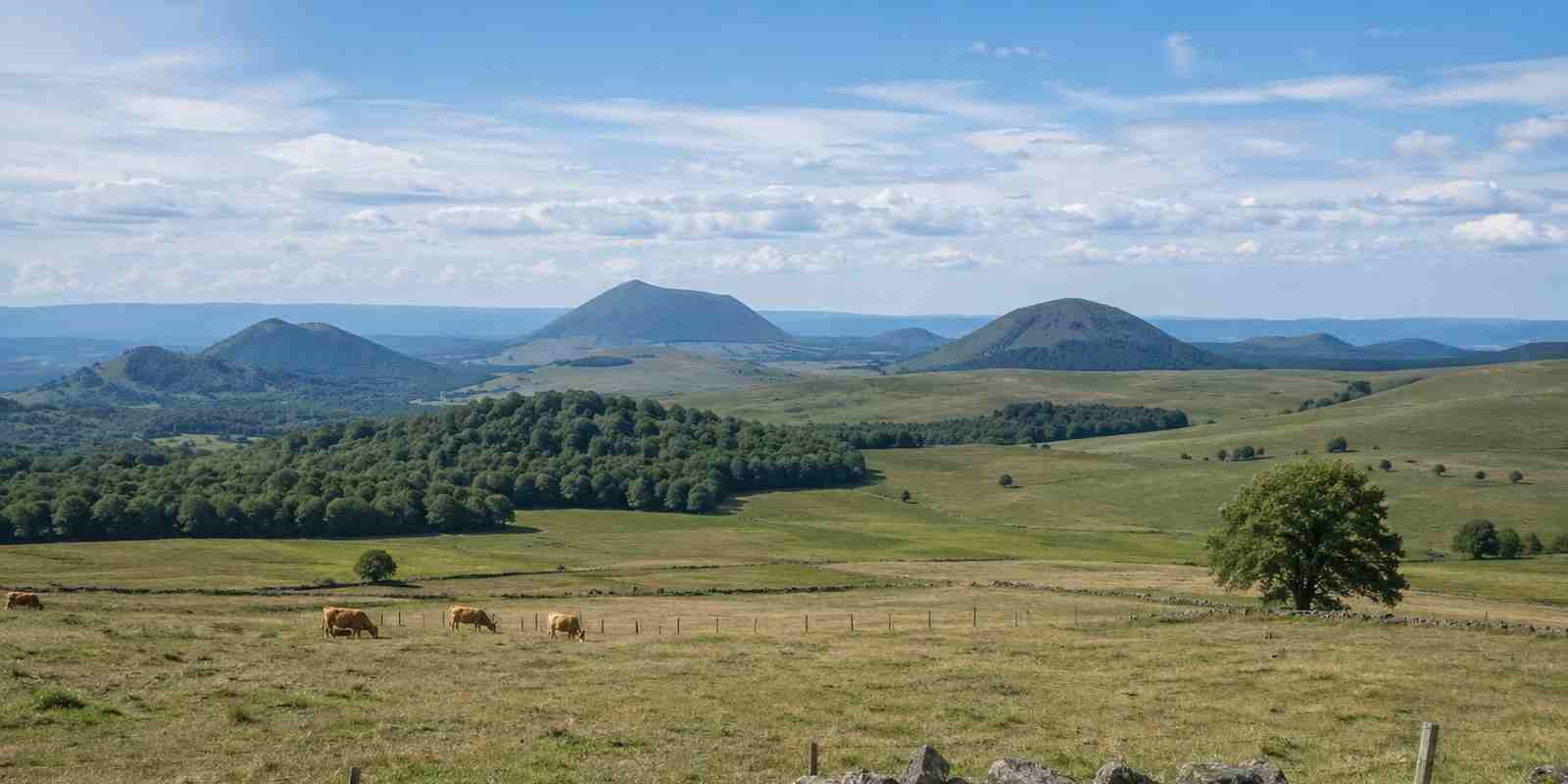 Sucs volcaniques et pâtures bordées de murets de pierre sur le plateau ardéchois