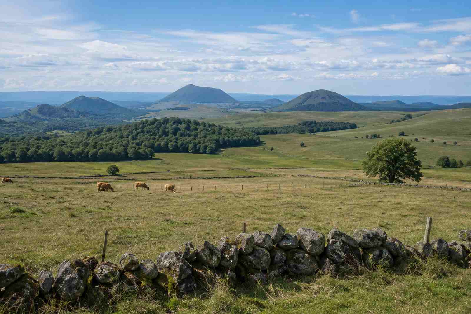 Sucs volcaniques et pâtures bordées de murets de pierre sur le plateau ardéchois